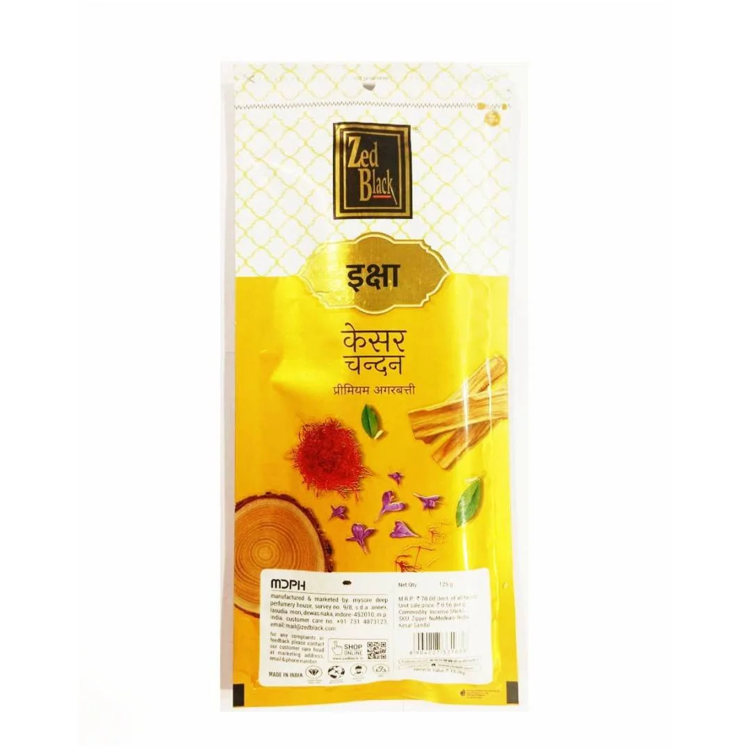 ZED BLACK IKSHA KESAR CHANDAN (इक्षा) PREMIUM Incense Stick (Agarbatti) Medium Zipper Pack (125g)